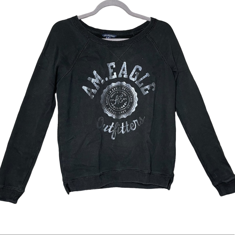American Eagle Women's Sz S Petite Crew Neck Long-sleeve Black  Sweatshirt